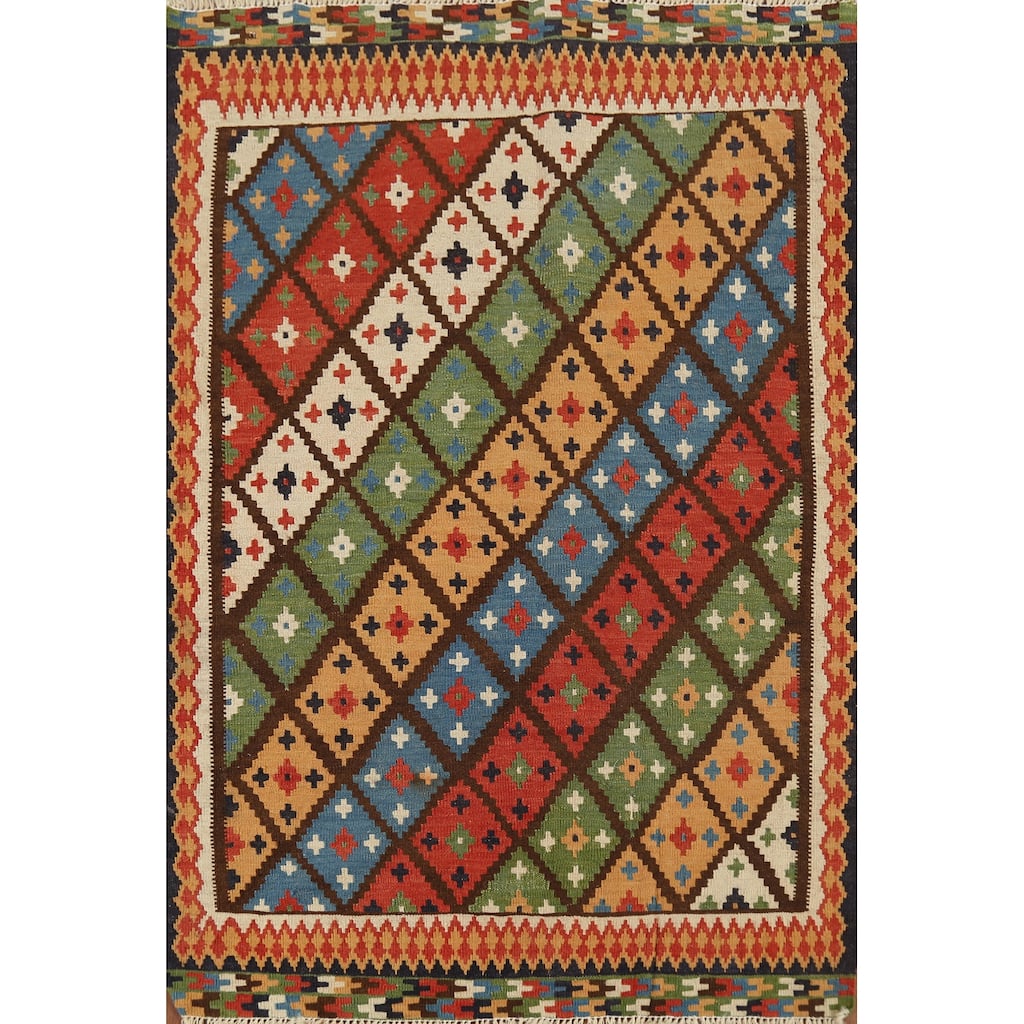 Vegetable Dye Kilim Qashqai Persian Rug Hand-Knotted Wool Carpet - 3'5"x 4'8"