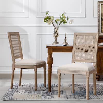 Linen Fabric Antique Painting Dining Chairs Set of 2, French Style Solid Wood Frame Accent Chairs with Woven Rattan Backrest