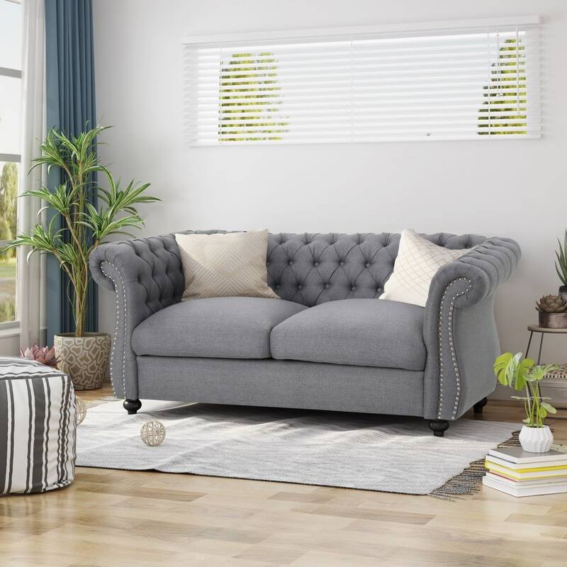 Button-Tufted Fabric Loveseat Sofa with Nailhead -  Dark Grey