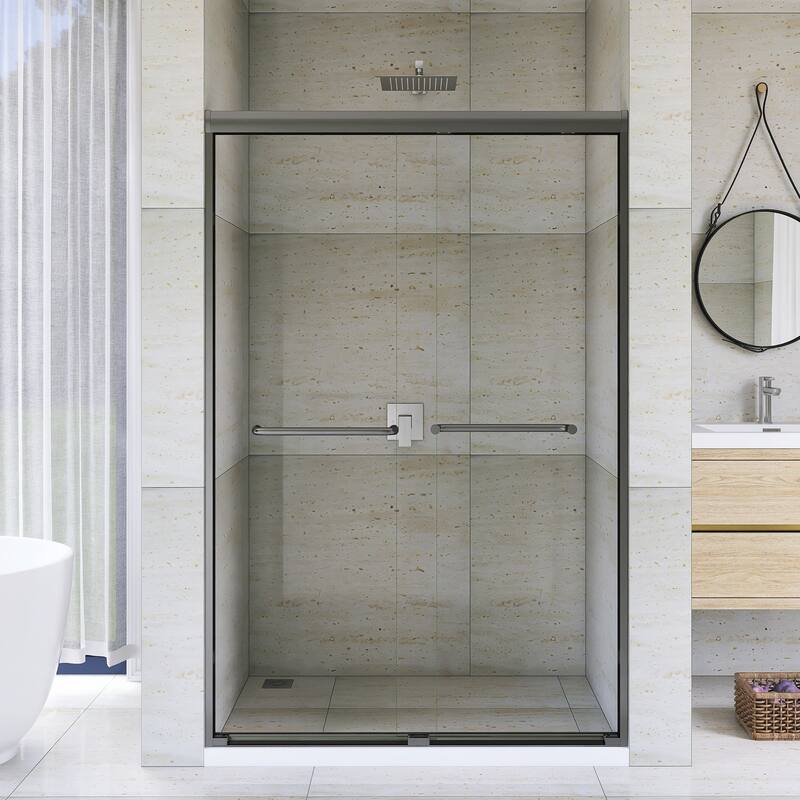 Double Sliding Framed Shower Door in Matte Black Finish - 48'' x 0.25'' x 72'' - Gun Ash