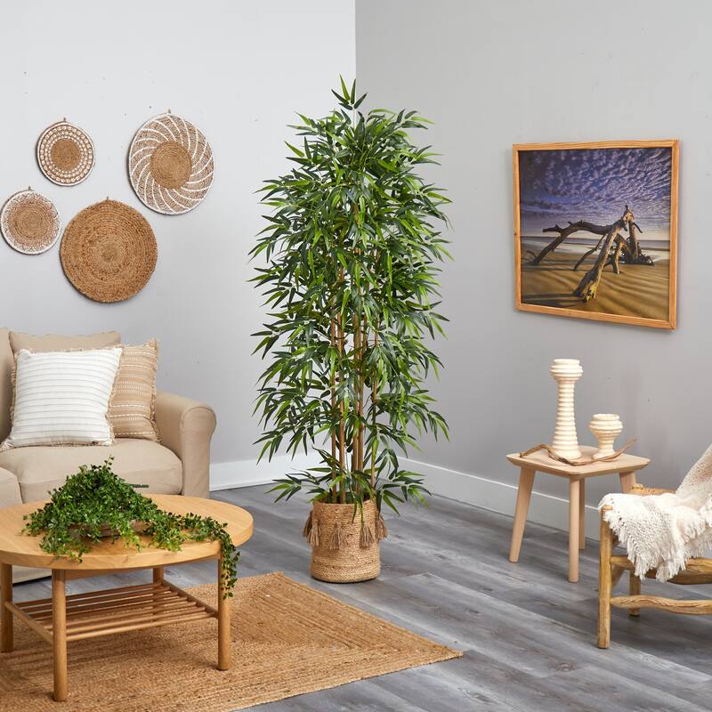 75-Inch Wicker Artificial Tree with Green Foliage and Natural Cotton Planter Perfect for Indoor Spaces - 75" - Green-Brown