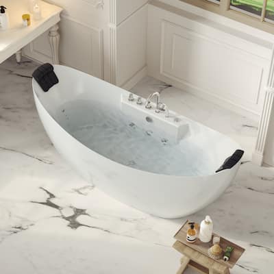 67 in. x 28.7 in. Center Drain Freestanding Whirlpool Bathtub Hydrotherapy Jetted Soaking Bath Tub - Tub filler in White