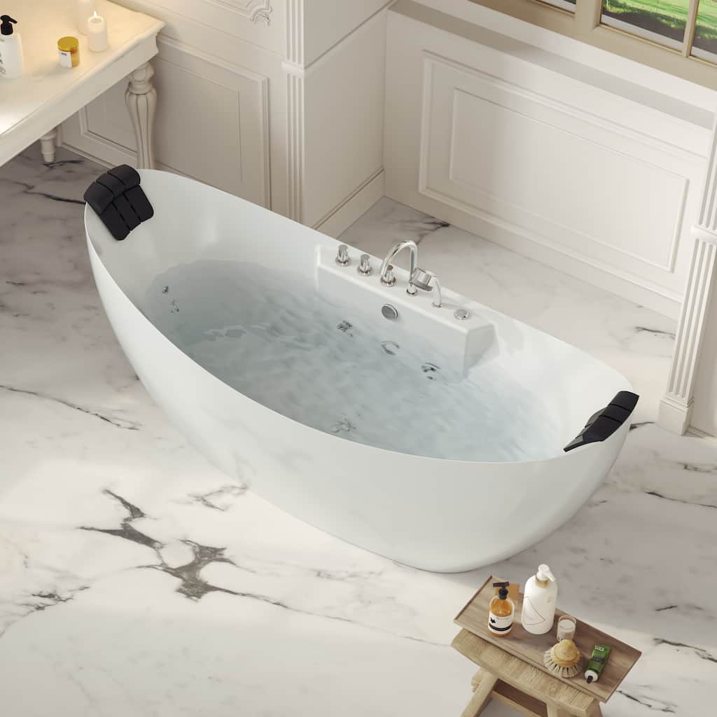 67 in. x 28.7 in. Center Drain Freestanding Whirlpool Bathtub Hydrotherapy Jetted Soaking Bath Tub - Tub filler in White