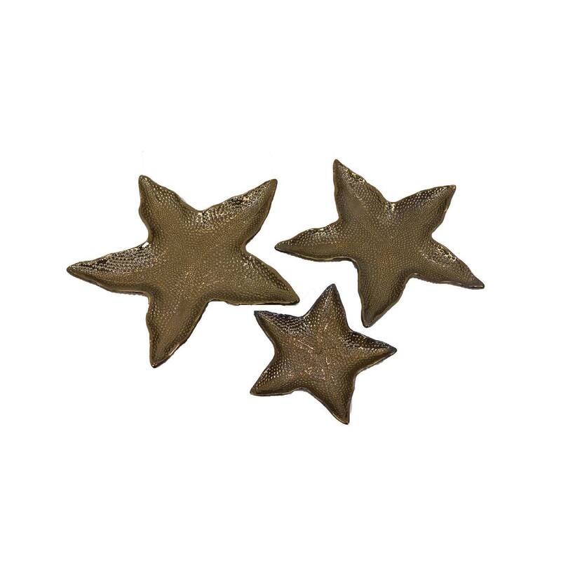 3pc Decorative Tray Set, Coastal Starfish Antique Bronze Ceramic