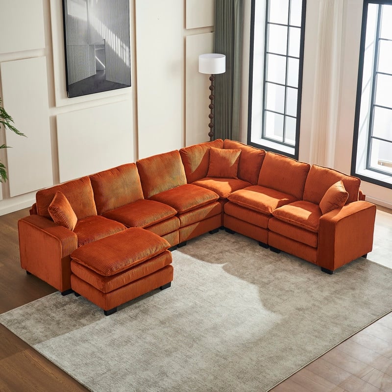 Modern U-Shaped 6-Seater Sectional Sofa with One Footstool