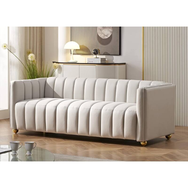 Glam Fabric Upholstered Solid Wood Frame 82.7" Art Deco Sofa - Ivory