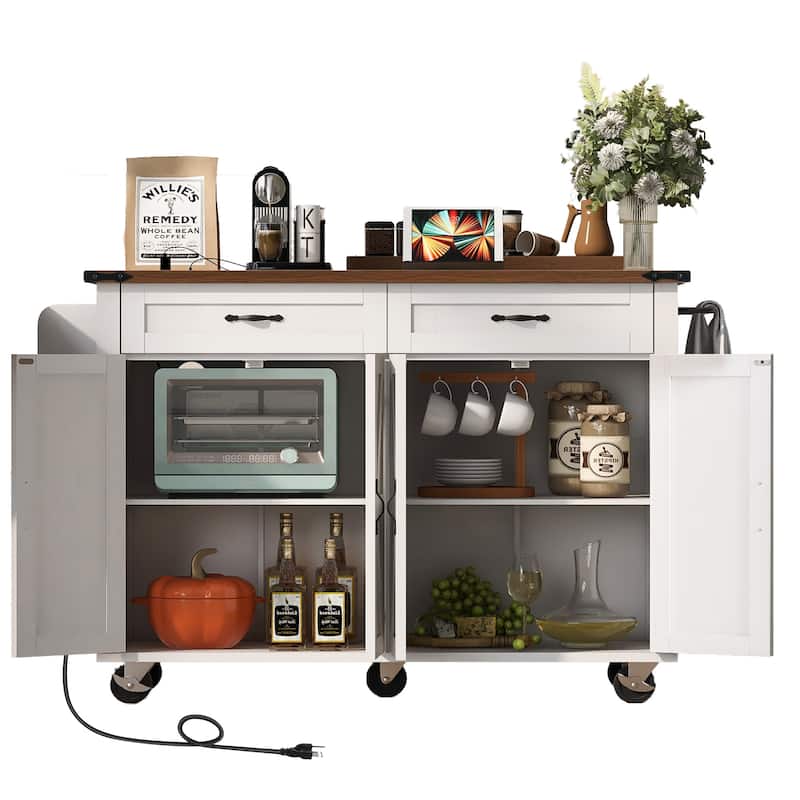 Farmhouse Style Kitchen Island Cart with Drop Leaf, Spice Rack, Power Outlet & 4 Doors on Rolling Wheels