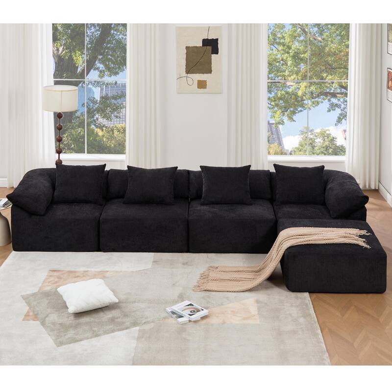 142" L Shaped Modular Sectional Sofa, 5 Piece Couch, Convertible Sleeper, Chenille, Black