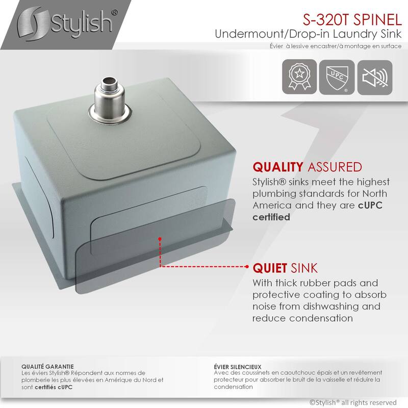 STYLISH 22 inch L x 18 inch W Stainless Steel Single Basin Dual Mount Laundry Sink with Strainer - 22" x 18" x 12"