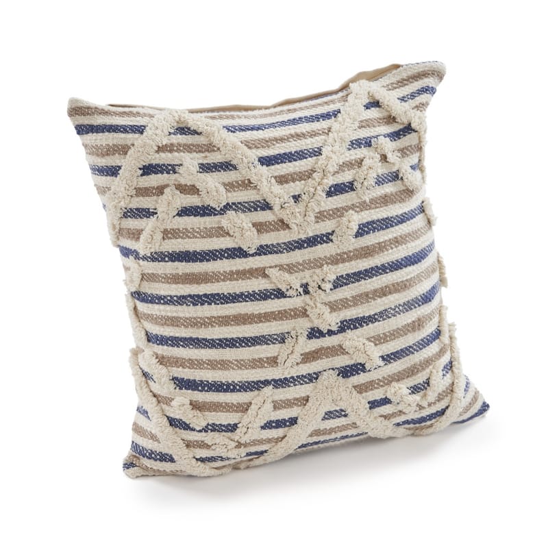 HomeRoots 18" X 18" Blue and Beige Striped Cotton Zippered Pillow