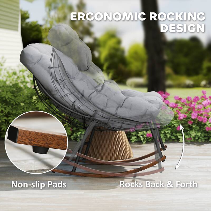 Steel Rocking Chairs with Cushions Woodgrain Base Indoor Outdoor Set of 2 - 36.6" W x 39.8" D x 30.7" H