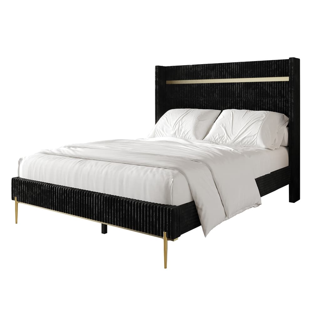 CraftPorch Corduroy Luxurious Gold PU Strip Wingback Velvet Upholstered Bed