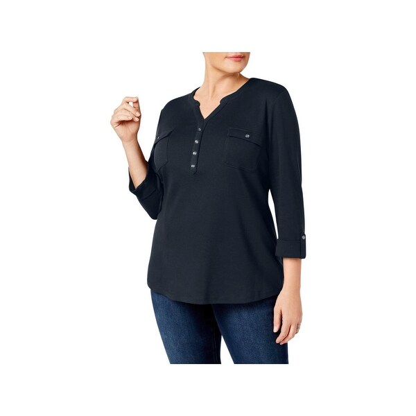 Karen Scott Womens Plus Henley Top 3/4 Sleeves V-Neck