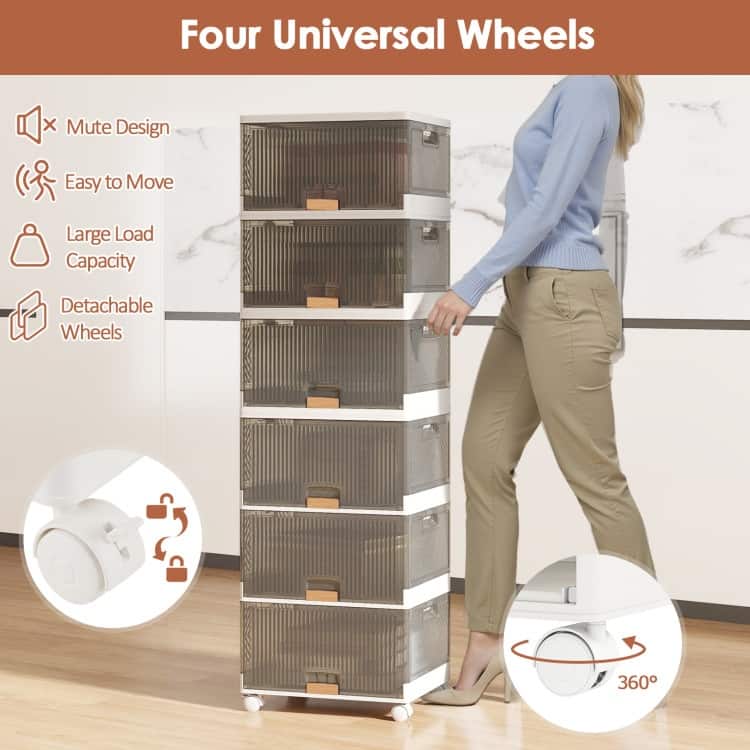White-Brown PP and ABS Stackable Storage Bin with Wheels, Foldable Cubes