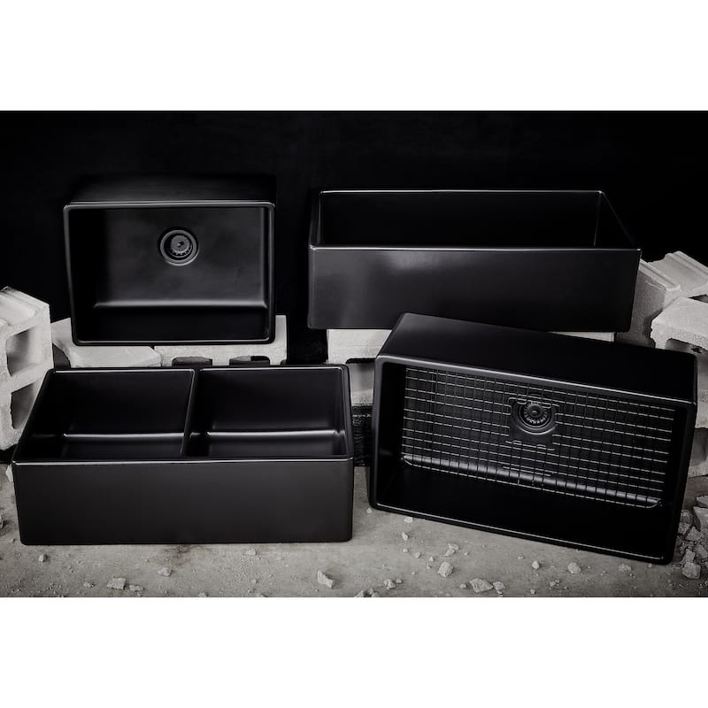 Austen Matte Black Fireclay 33" Double Bowl Farmhouse Apron Front Undermount Kitchen Sink and Drains