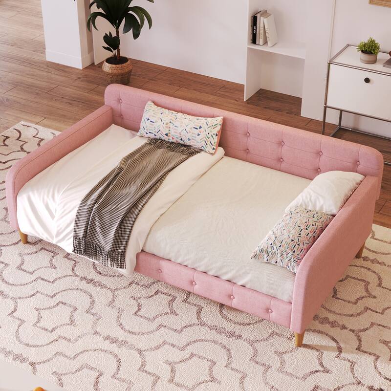 Elegant Style Linen Fabric Daybed, Upholstered Tufted Button Platform Sofa Bed Frame with 4 Solid Pine Wood Legs