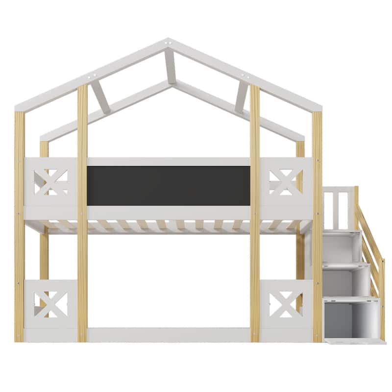 Twin Size House Shaped Bunk Bed with Storage Staircase and Blackboards