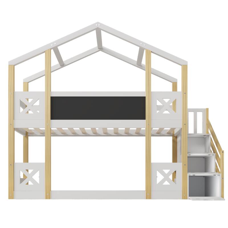 Twin Wood Bunk Bed with Blackboard, Storage Staircase, and Guardrails