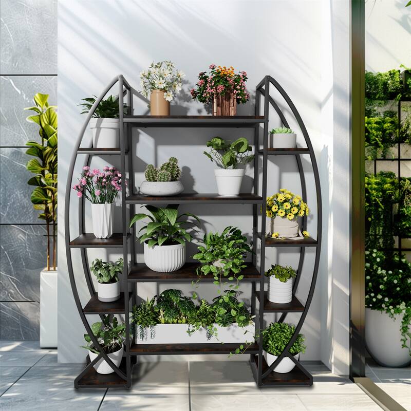 Large Tall Metal Plant Stand Half-Moon Shape Storage Wood Shelves Heavy Duty