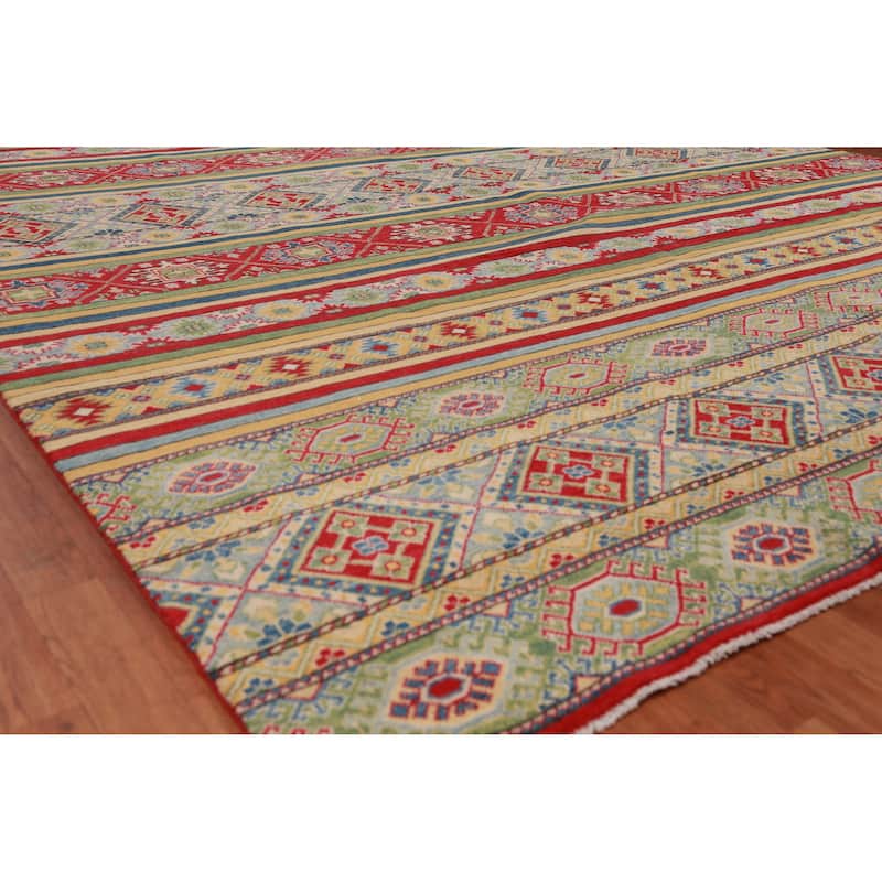 Hand Knotted Oriental 100% Wool Carpet Traditional Geometric Multi-Colored Kazak Area Rug - 12' 11'' X 9' 10''