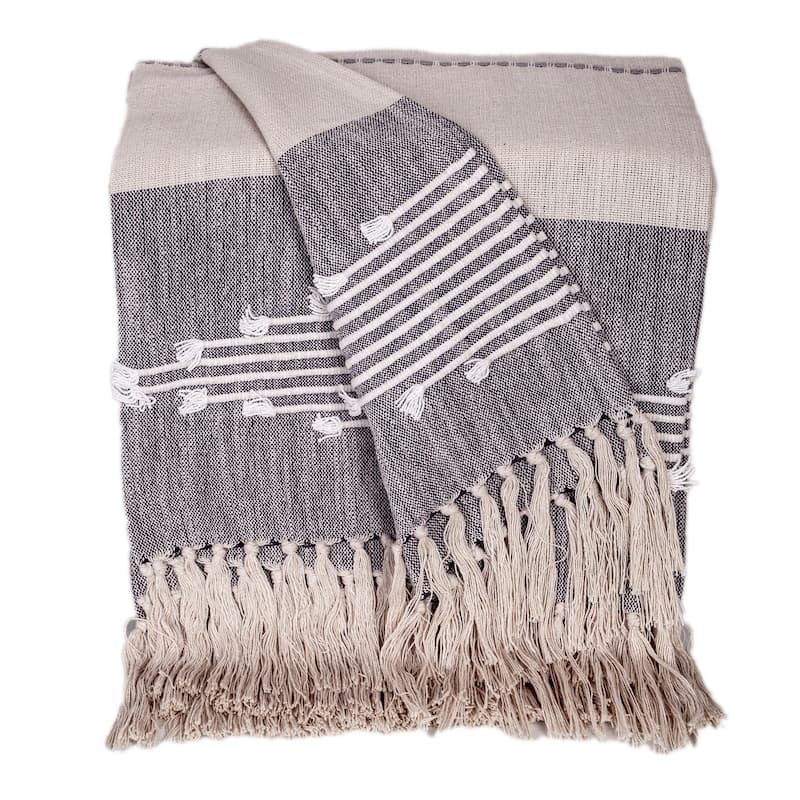 HomeRoots 50" X 60" Ivory and Gray Woven Cotton Striped Throw Blanket with Fringe and Embroidery