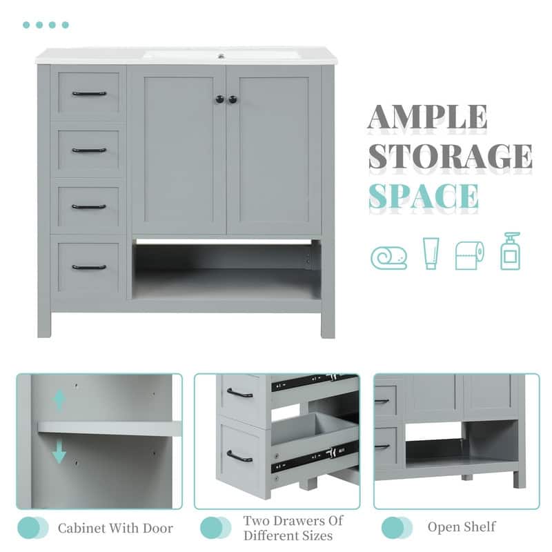 36"W Bathroom Vanity with Ceramic Top, Bathroom Vanity with Drawer Divider, Freestanding Cabinet with Open Shelf