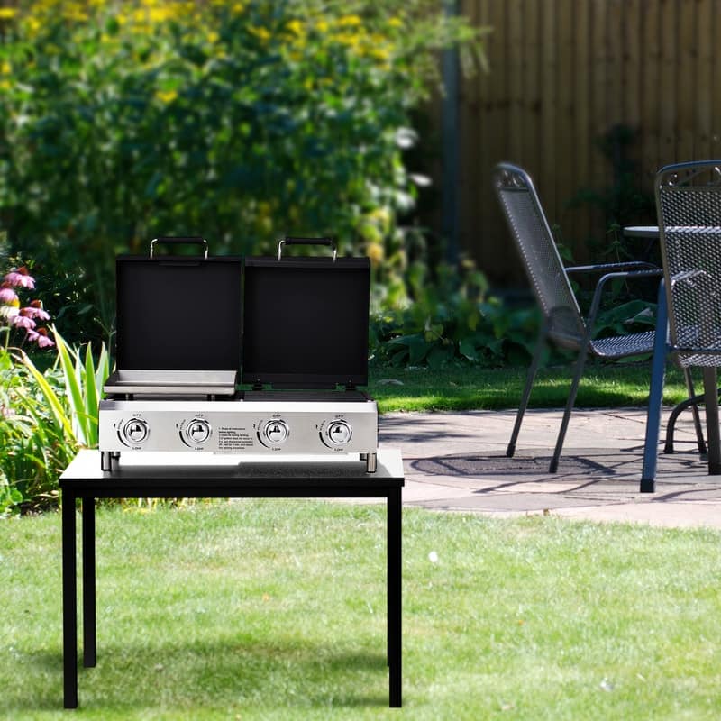 4 Burner Tabletop Flat Top Griddle And Grill 2-In-1 Propane Gas Grill And Griddle Combo With Lid - N/A