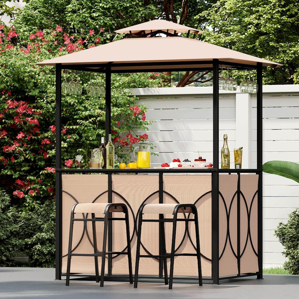 6.5 x 4 x 8 FT Grill Gazebo Set 3 PCS Patio Bar Set w/ Bar Stools