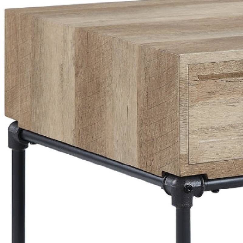 Ley 22 Inch End Table, 1 Drawer, Industrial Design, Slatted Shelf, Oak