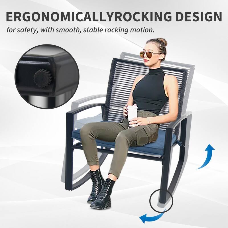 Domi Outdoor 3-Piece Wicker Rocking Chair Set, Patio Conversation Set with Removable Textilene Cushions & Metal Coffee Table