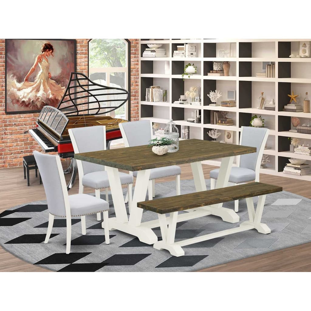 HomeStock 6-Piece Rectangle Wire Brushed Linen White Finish Solid Wood Top Dining Table with 1-Bench, 4-Chairs