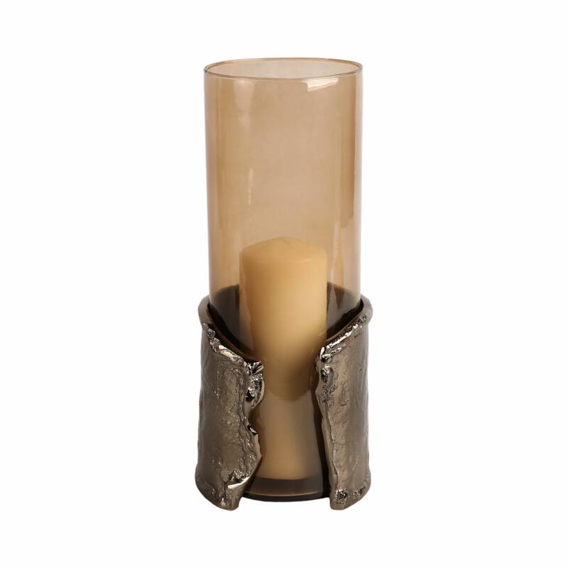 Candle Holder - Brown Glass with Metal Wraparound
