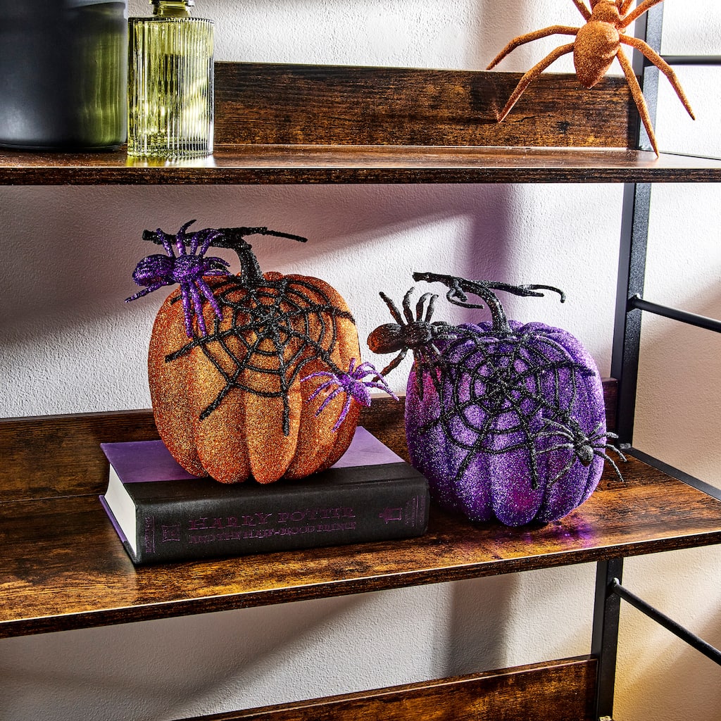 7'' Glitter Pumpkin With Web and Spiders Set of 2