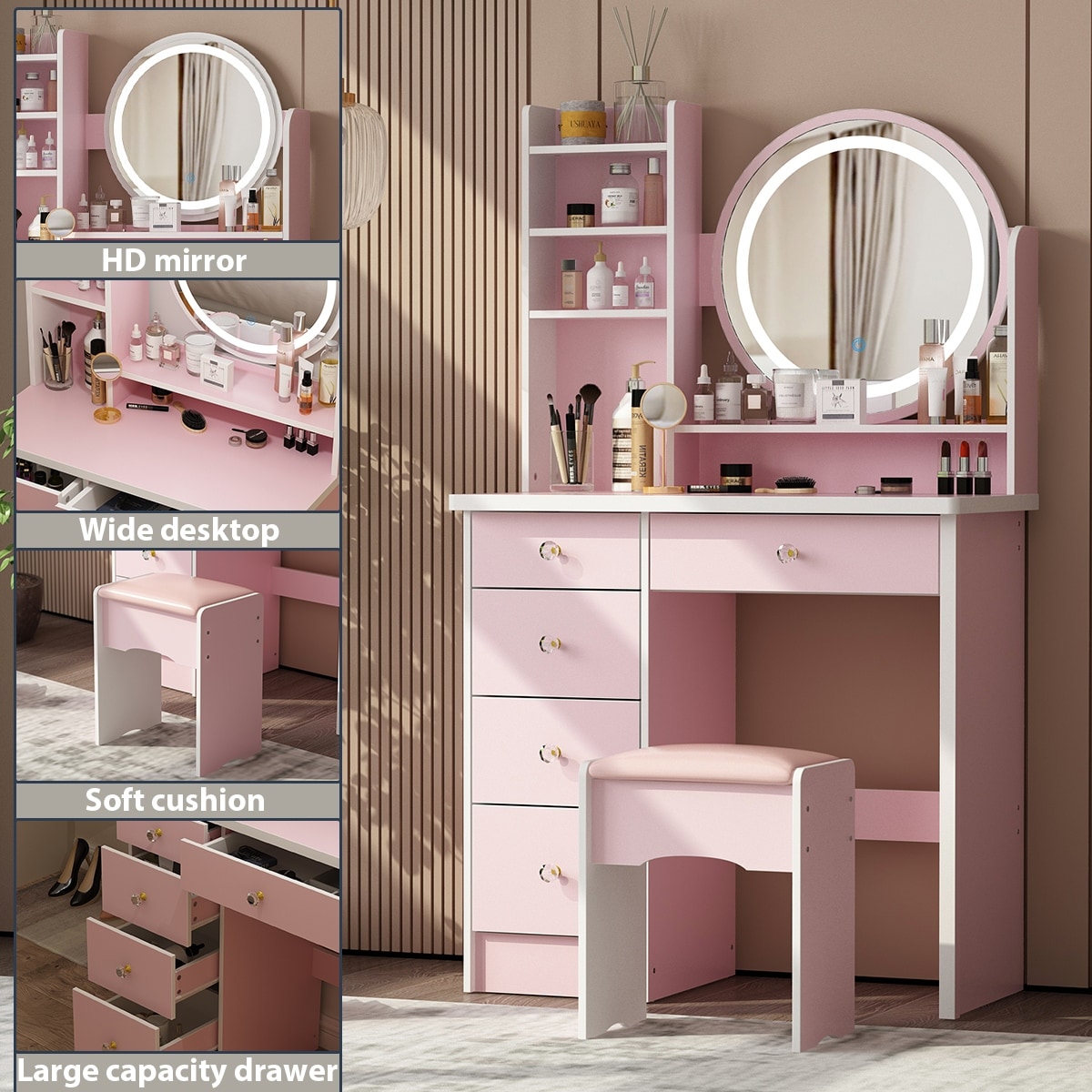 13-Drawer Vanity with Large Bluetooth Mirror - PINK/PINK PEONY