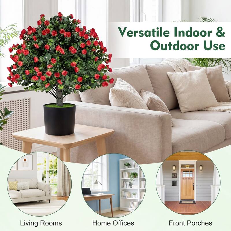 Gymax 2 Pack Artificial Rose Topiary Ball Trees w/PP Cement-Filled - Green & Red & Black