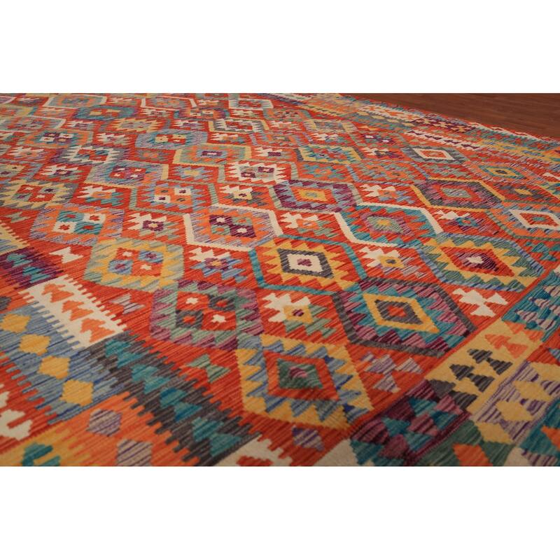 Kilim Oriental Area Rug Flatweave Geometric Orange Wool Carpet - 8'2" x 11'5"