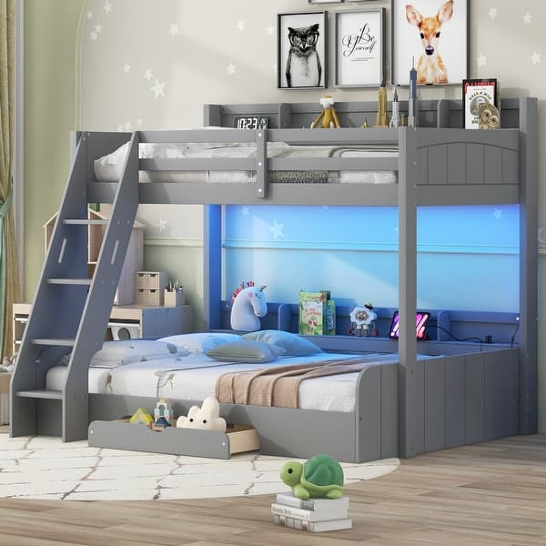 slide 2 of 10, Gray Twin over Full Bunk Bed with LED, Charging Station, Storage Shelves, and Drawer Gray - Full