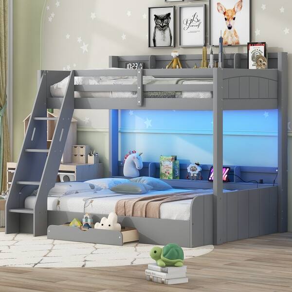 slide 2 of 32, Wooden Bunk Bed Twin over Full Bunk Bed with 6 Up and Down Storage Shelves, LED, Charging Station, Stairs and Bottom Drawer Grey - Twin