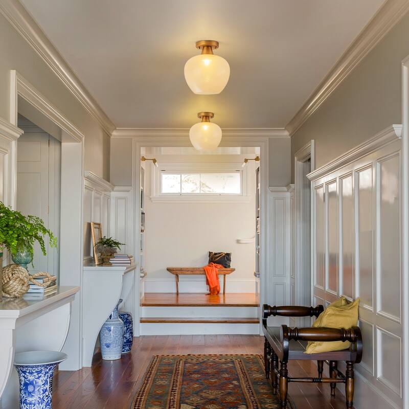 1-Light Gold Dome Flush Mount Ceiling Light with Opal Glass