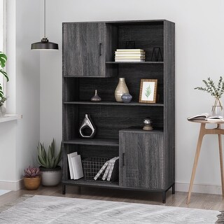 Open High Bookshelf,Two Built-in Lockers with Doors,Free-Standing ...