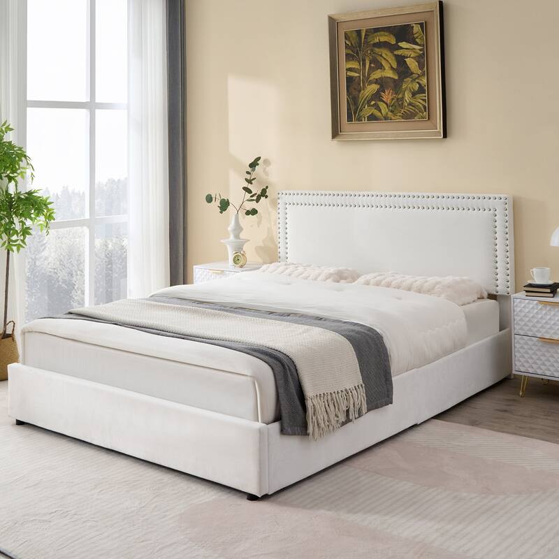 Modern Upholstered Bed Frame with 4 Storage Drawers, Platform Fabric Bed with Button Tufted Headboard