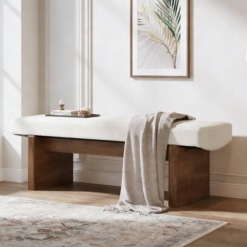 55" Solid Wood Entryway Bench, Upholstered Bedroom Bench