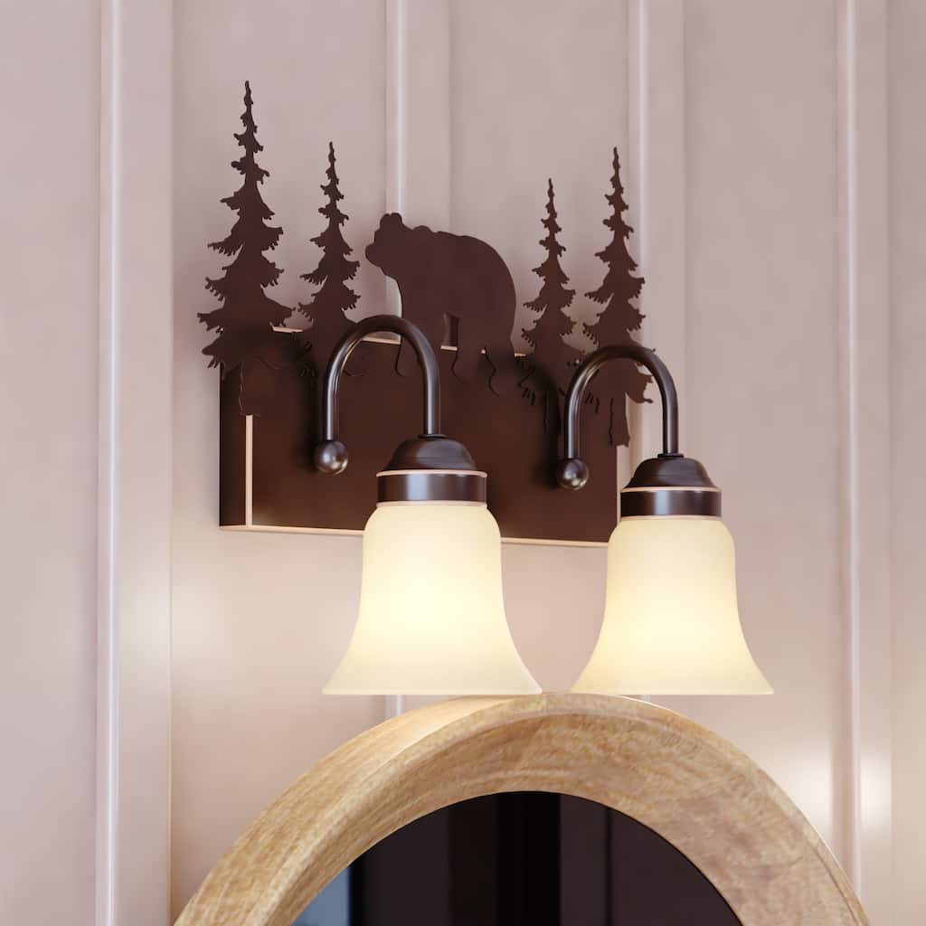 Bozeman 2-Light 16.75 in. W Burnished Bronze Rustic Cabin Bathroom Vanity Lighting Fixture, Amber Flake Glass Shade, Bear, Trees