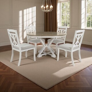 5-Piece Retro Round Dining Set, Extendable Table & 4 Upholstered Chairs ...
