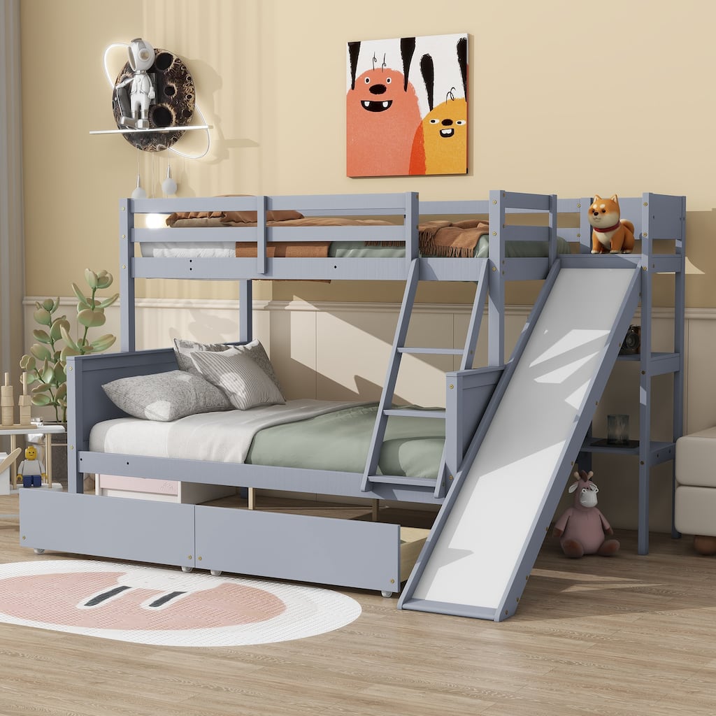 Twin over Full Bunk Bed with Slide, Drawers, Shelves, and Ladder in Grey