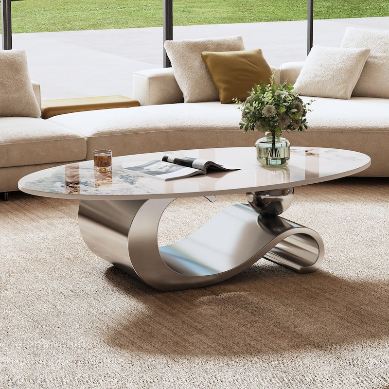 Modern Oval Coffee Table Industrial-Style Center Table with Sintered Stone Top and Base, for Living Room