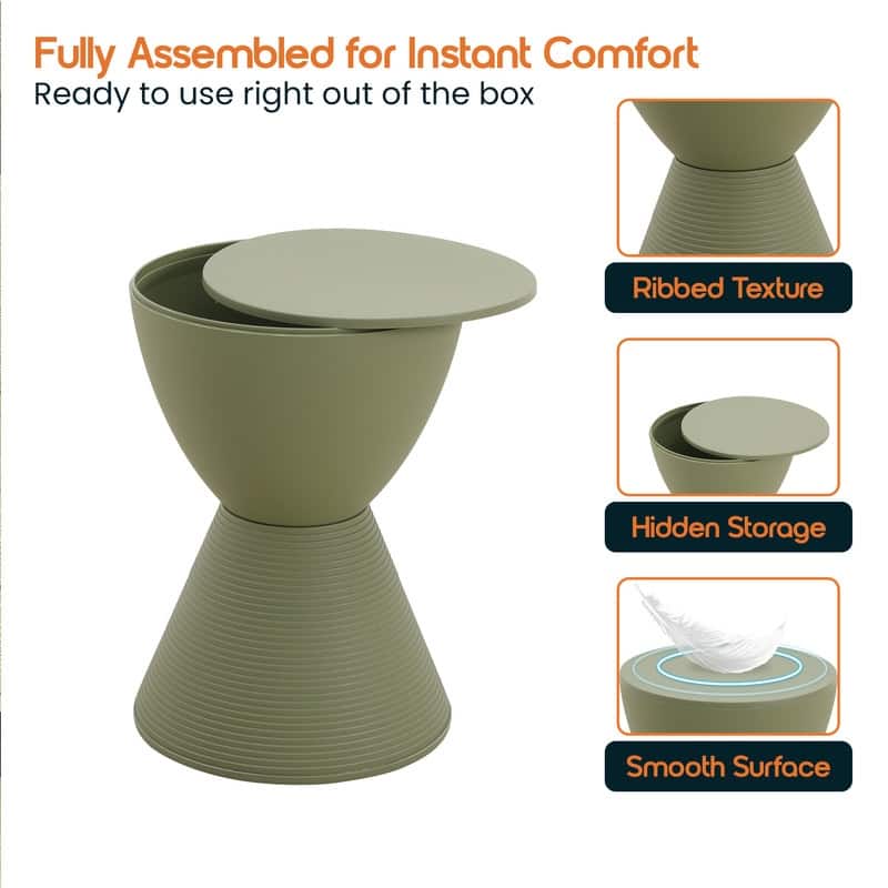 Boyd Modern Round Hourglass Polypropylene Drum Side Accent Table with Ribbed Design Base Storage for Indoor Outdoor Patio