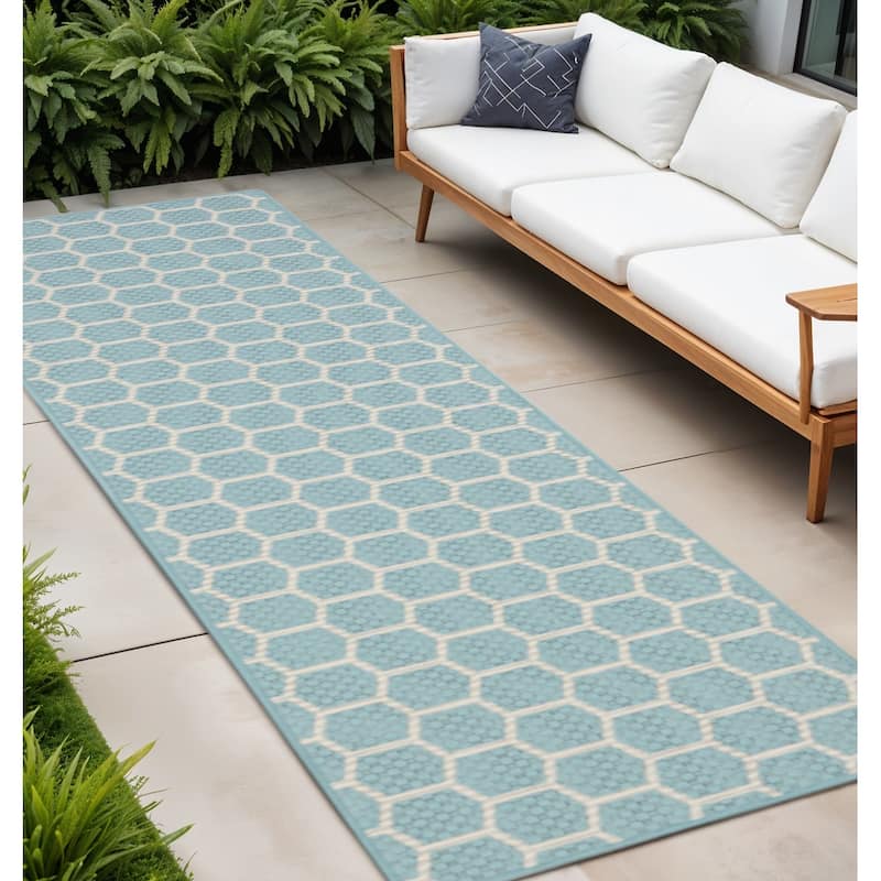 HomeRoots Geometric Modern Runner Outdoor Rug - 12' Runner - Blue/Ivory - 12' Runner