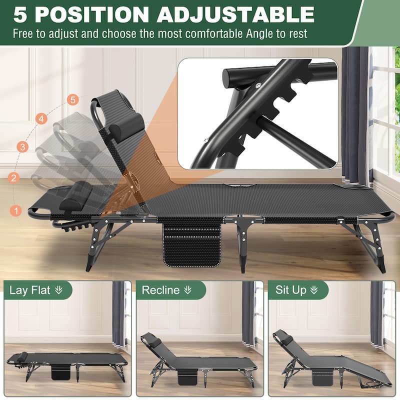 DoCred Camping Cot, Adjustable Reclining Folding Patio Chair Lounge - 75.2"x26.8"x11.8"