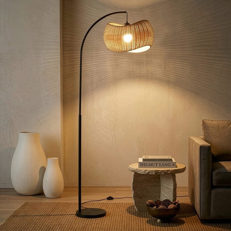Brightech Wave 81 in. Mid-Century Modern LED Super Bright Floor Lamp with Beige Bamboo Drum Shade - Classic Black